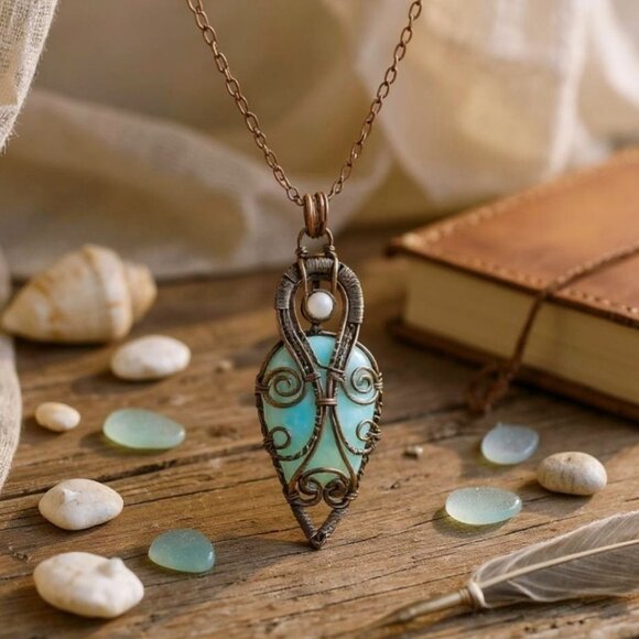 Handcrafted Larimar Wire Wrapped Pendant – 4.13" Pear-Shaped Ocean Stone - Picture 1 of 7
